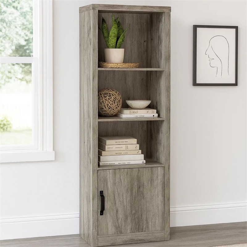 Sac 71 Inch Media Pier Tower with 3 Shelves and Single Cabinet- Gray Wood