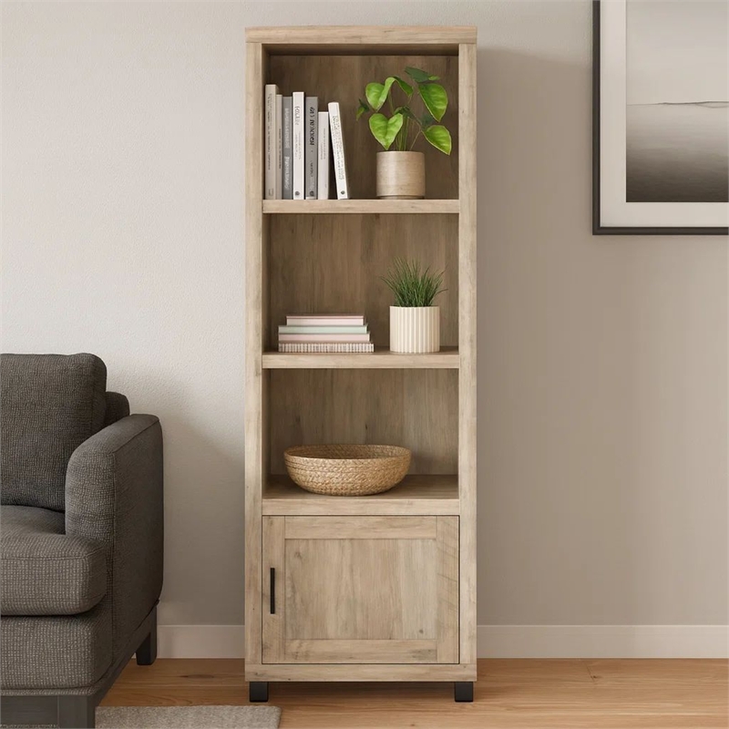 Sac 71 Inch Media Pier Tower with 3 Shelves and Cabinet- Antique Pine Wood