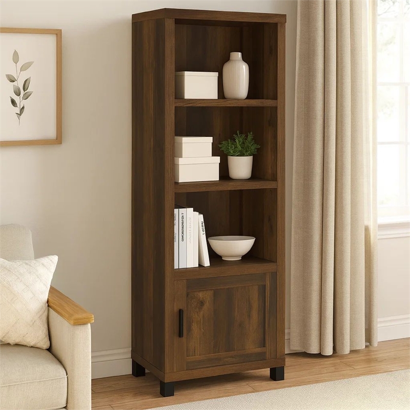 Sac 71 Inch Media Pier Tower with 3 Shelves and Cabinet- Dark Pine Wood