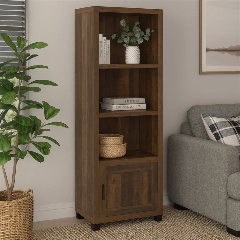 Sac 71 Inch Media Pier Tower with 3 Shelves and Cabinet- Dark Pine Wood