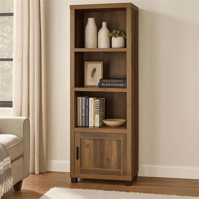 Sac 71 Inch Media Pier Tower with 3 Shelves and Cabinet- Dark Pine Wood