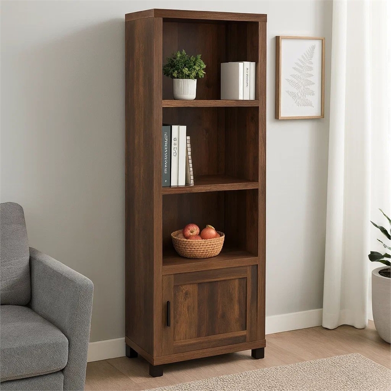 Sac 71 Inch Media Pier Tower with 3 Shelves and Cabinet- Dark Pine Wood