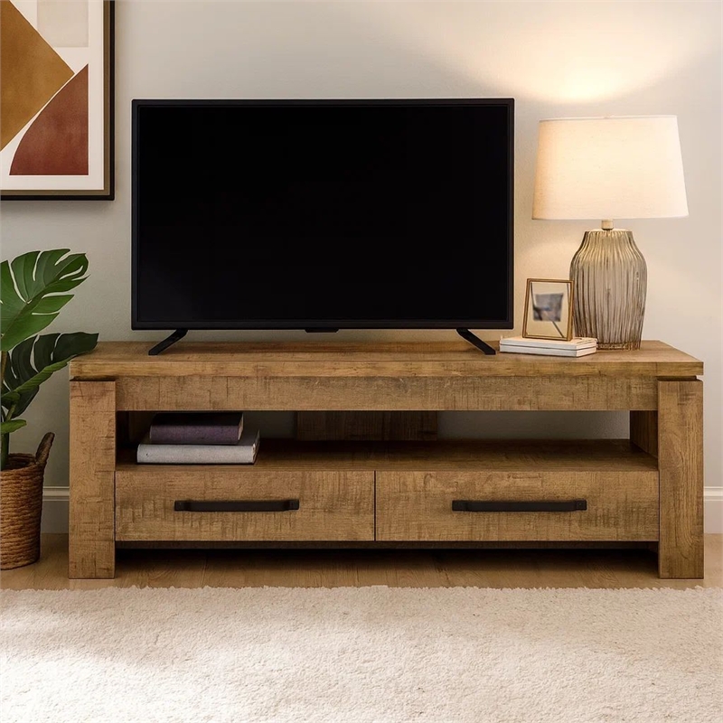59 Inch TV Media Entertainment Console with 2 Drawers- Warm Wood Brown