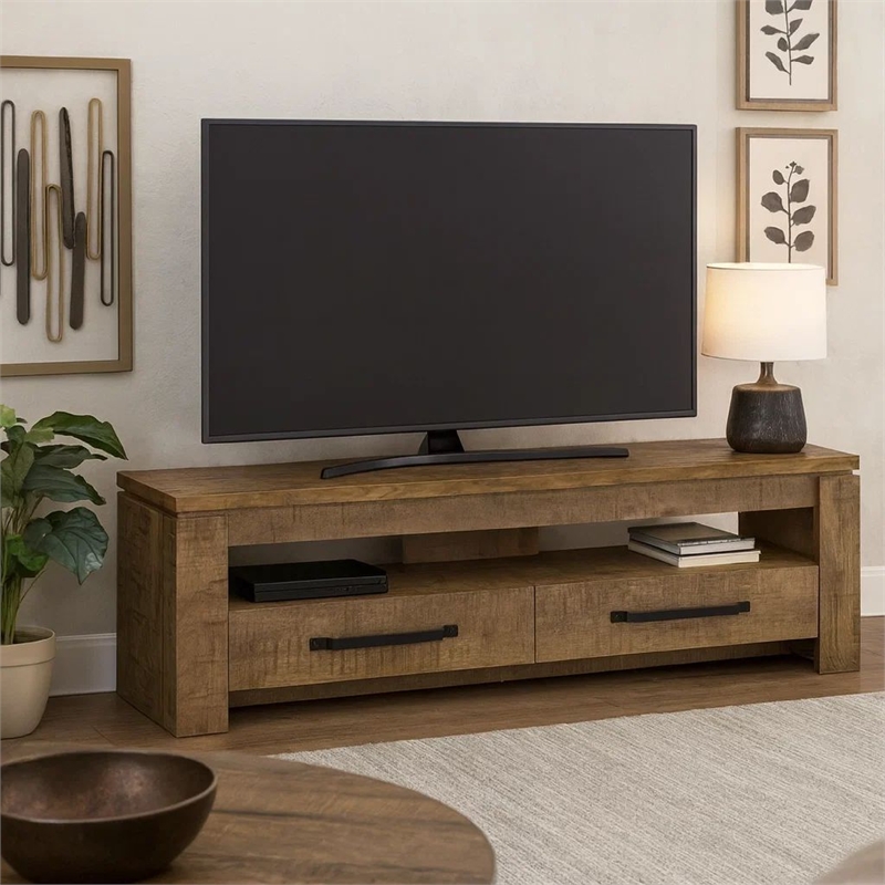 59 Inch TV Media Entertainment Console with 2 Drawers- Warm Wood Brown