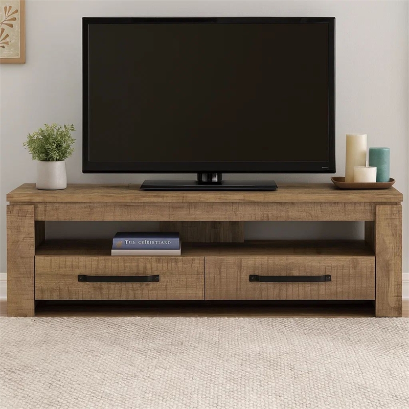 59 Inch TV Media Entertainment Console with 2 Drawers- Warm Wood Brown
