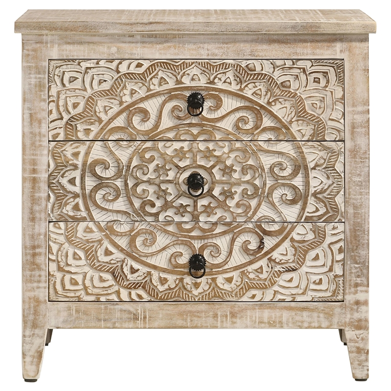 28 Inch Ornate Medallion Accent Cabinet with 3 Drawers- Mango Wood- White
