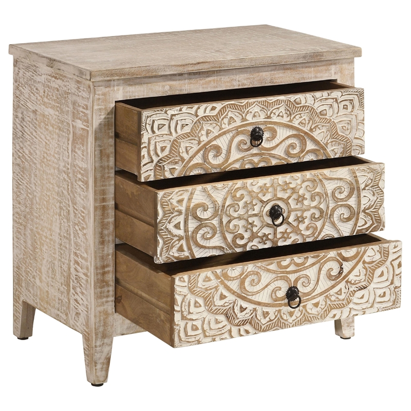 28 Inch Ornate Medallion Accent Cabinet with 3 Drawers- Mango Wood- White
