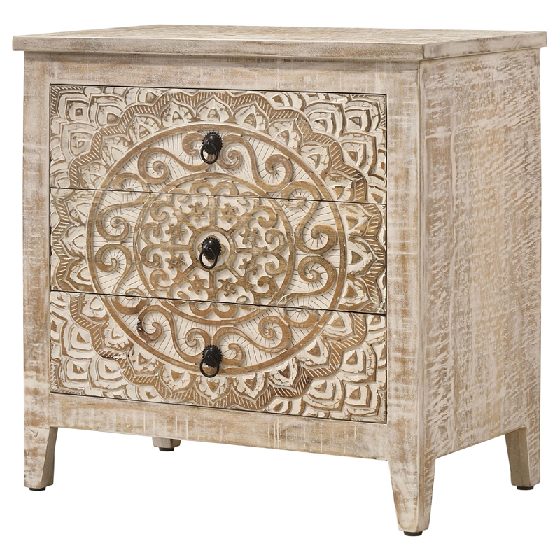 28 Inch Ornate Medallion Accent Cabinet with 3 Drawers- Mango Wood- White
