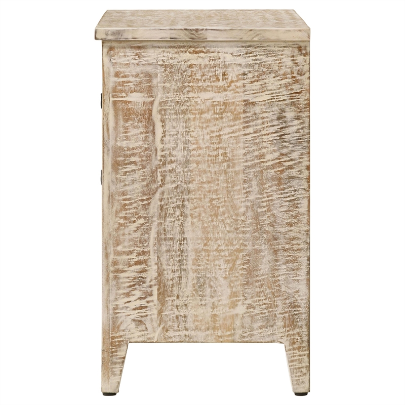 28 Inch Ornate Medallion Accent Cabinet with 3 Drawers- Mango Wood- White