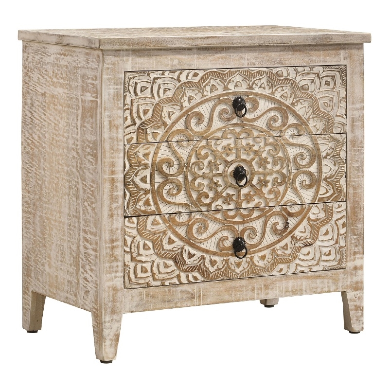 28 Inch Ornate Medallion Accent Cabinet with 3 Drawers- Mango Wood- White
