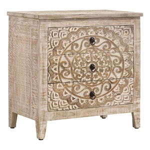 28 Inch Ornate Medallion Accent Cabinet with 3 Drawers- Mango Wood- White