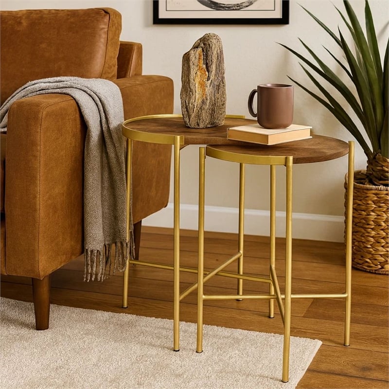 2 Piece Round Nesting Tables- Gold Iron- Modern Mango Wood- Warm Brown