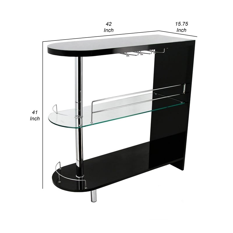 Zaina 42 Inch Modern Bar Table- 3 Shelves- Tempered Glass- Black- Chrome