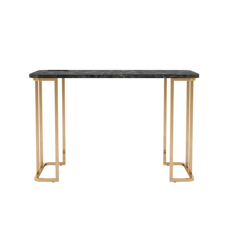 Jenny 47 Inch Desk- USB Power Outlet- Gold Metal Legs- Black Faux Marble
