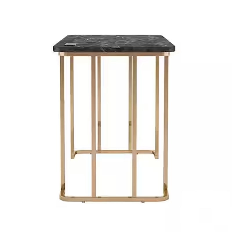 Jenny 47 Inch Desk- USB Power Outlet- Gold Metal Legs- Black Faux Marble