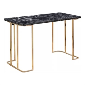 Jenny 47 Inch Desk- USB Power Outlet- Gold Metal Legs- Black Faux Marble