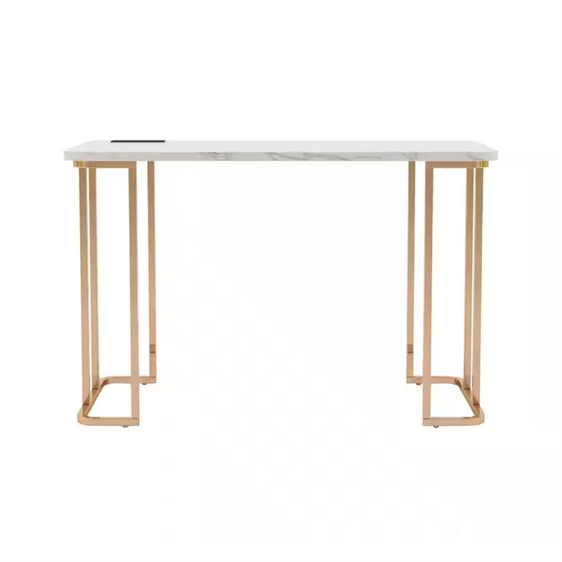 Jenny 47 Inch Desk- USB Power Outlet- Gold Metal Legs- White Faux Marble