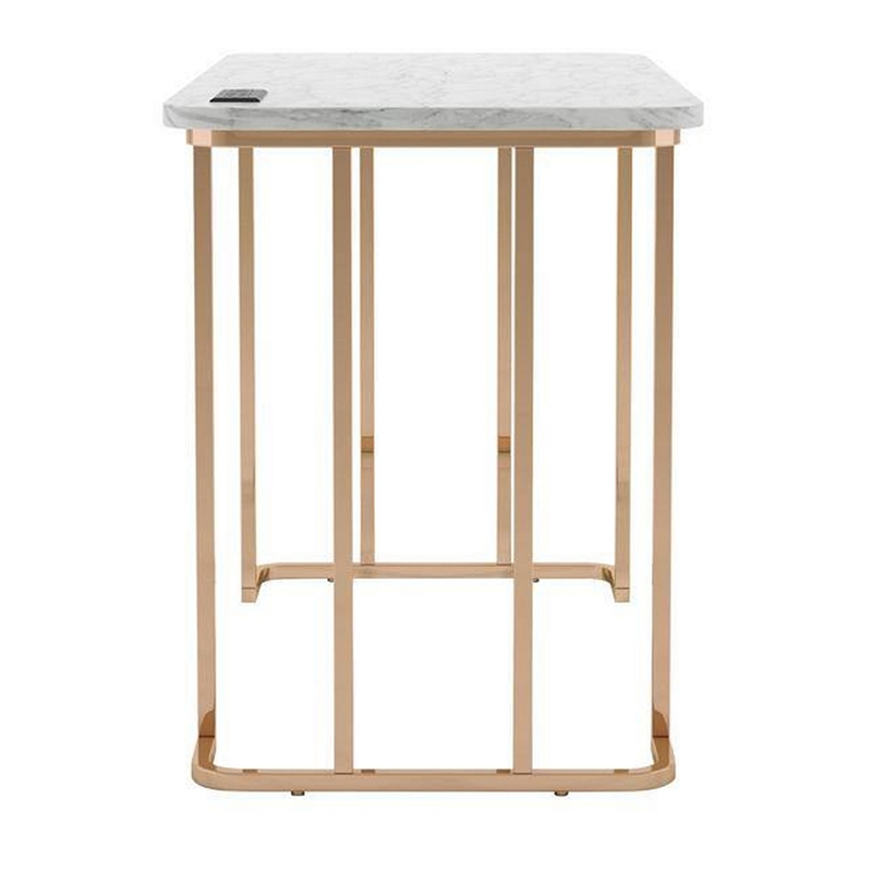 Jenny 47 Inch Desk- USB Power Outlet- Gold Metal Legs- White Faux Marble