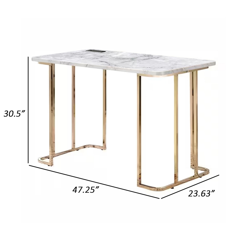 Jenny 47 Inch Desk- USB Power Outlet- Gold Metal Legs- White Faux Marble