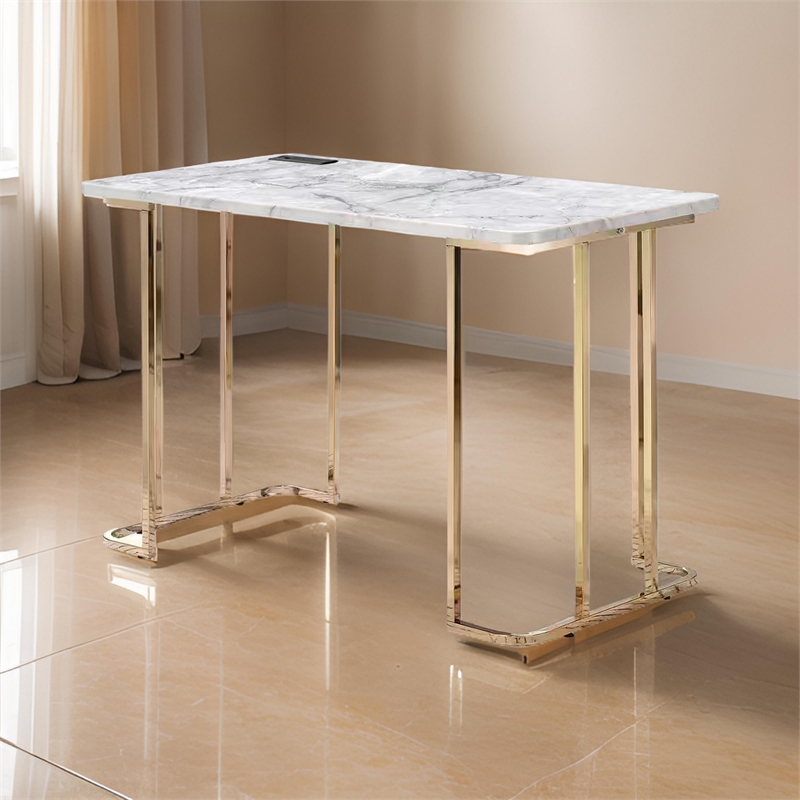 Jenny 47 Inch Desk- USB Power Outlet- Gold Metal Legs- White Faux Marble