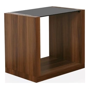 Bere 24 Inch Side End Table- Black Glass Top- Open Bottom Shelf- Brown Wood