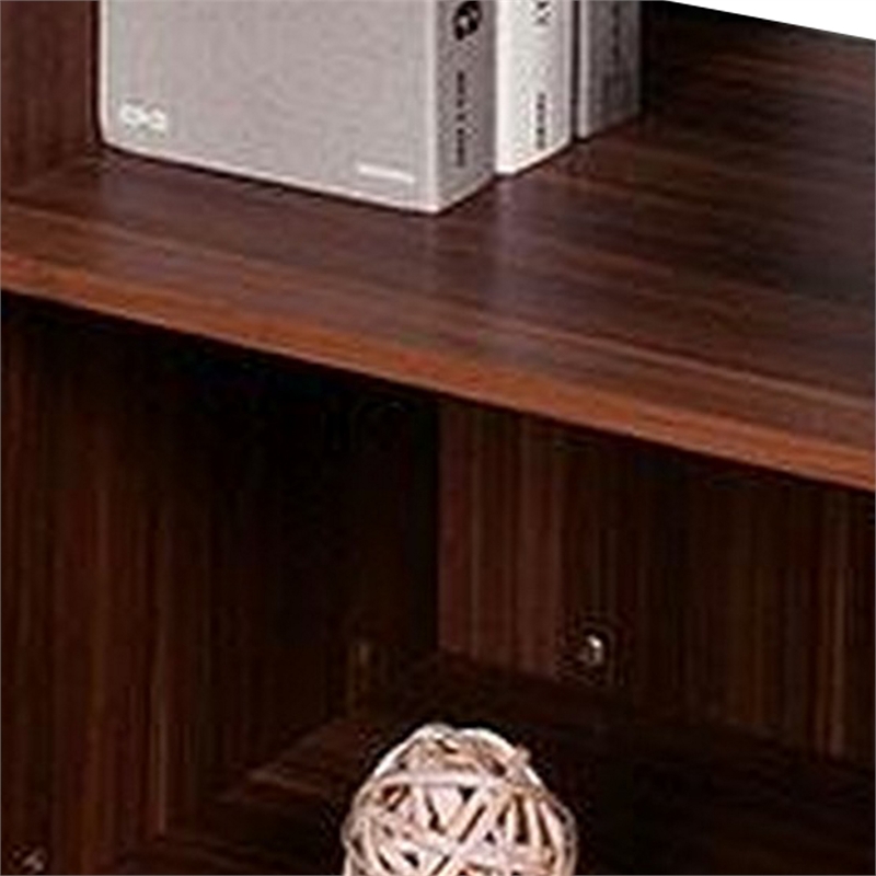 Bere 47 Inch Sofa Table with Black Glass Top- Open Shelves- Brown Wood