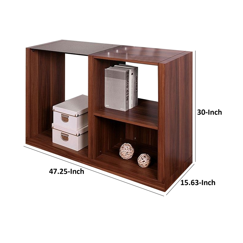 Bere 47 Inch Sofa Table with Black Glass Top- Open Shelves- Brown Wood