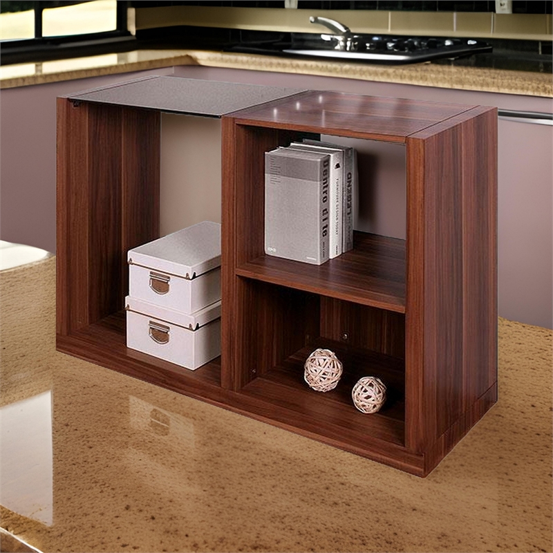 Bere 47 Inch Sofa Table with Black Glass Top- Open Shelves- Brown Wood