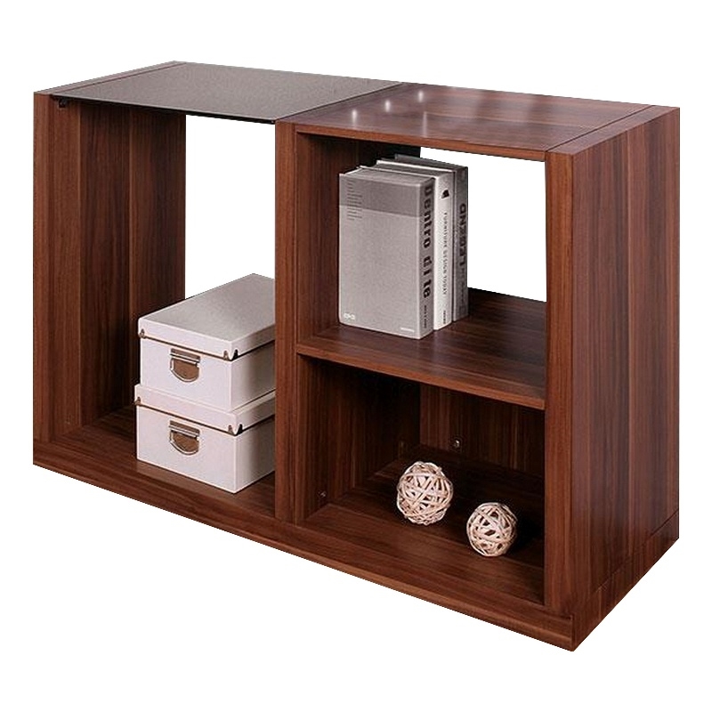 Bere 47 Inch Sofa Table with Black Glass Top- Open Shelves- Brown Wood