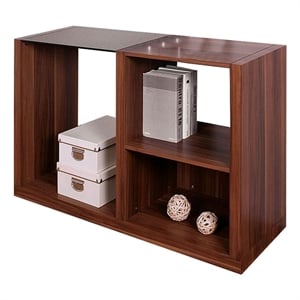 Bere 47 Inch Sofa Table with Black Glass Top- Open Shelves- Brown Wood