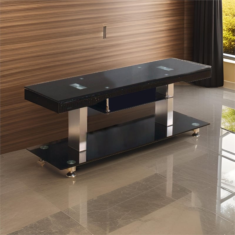 60 Inch TV Entertainment Console- Long Glass Media Shelf- Chrome Accents