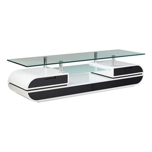 63 Inch TV Entertainment Console- Glass Top- Chrome Posts- Black- White