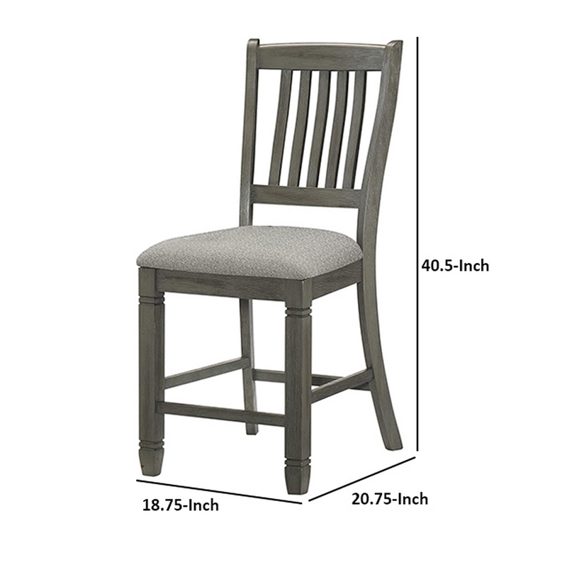 26 Inch Counter Height Chair Set of 2- Slat Back- Gray Wood- Fabric Seat