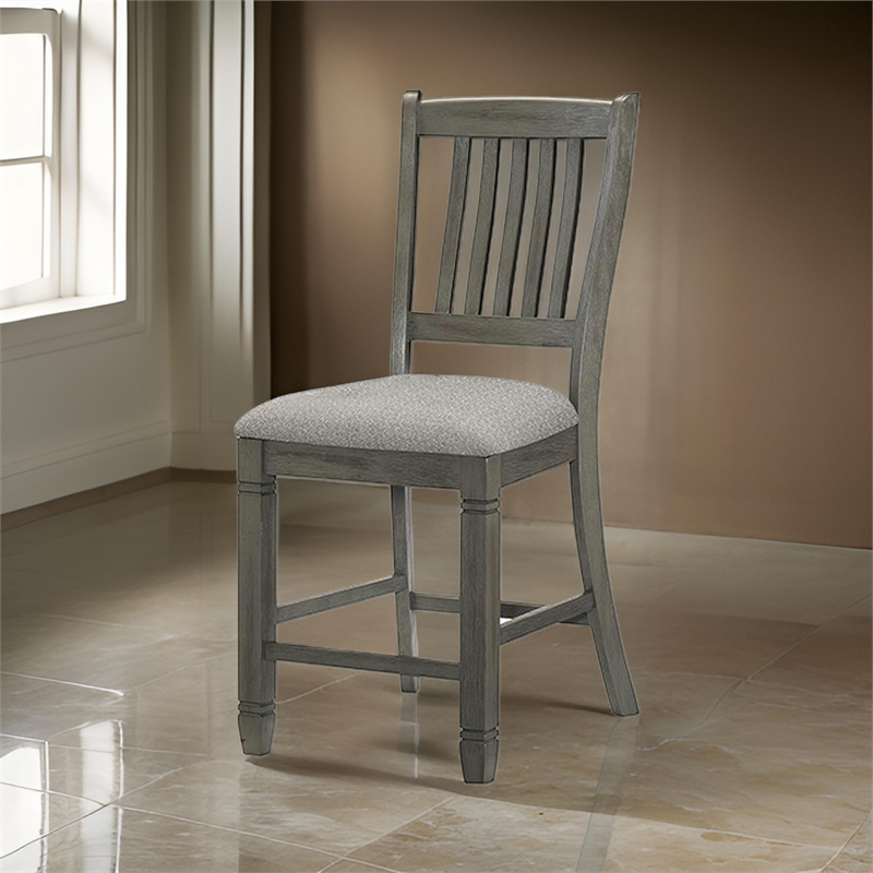 26 Inch Counter Height Chair Set of 2- Slat Back- Gray Wood- Fabric Seat