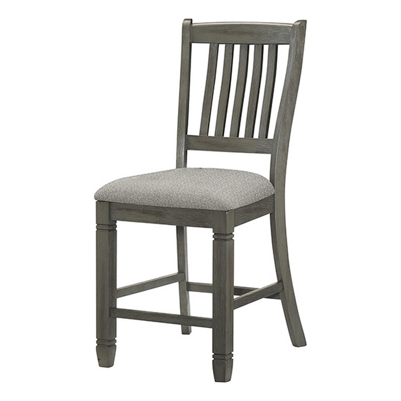 26 Inch Counter Height Chair Set of 2- Slat Back- Gray Wood- Fabric Seat