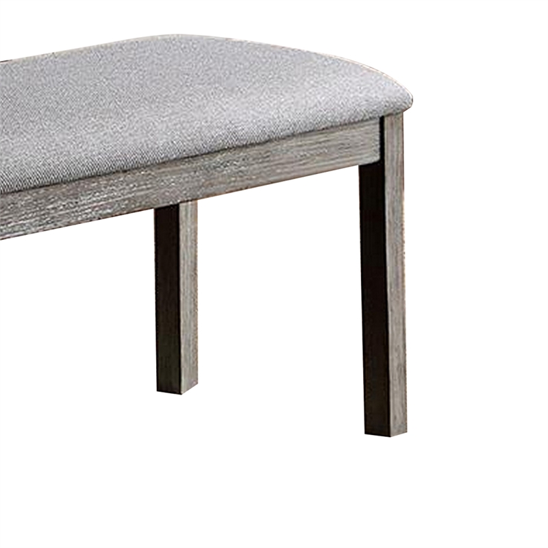 Lais 45 Inch Dining Bench- Wired Brushed Gray Wood- Gray Fabric Padded Seat