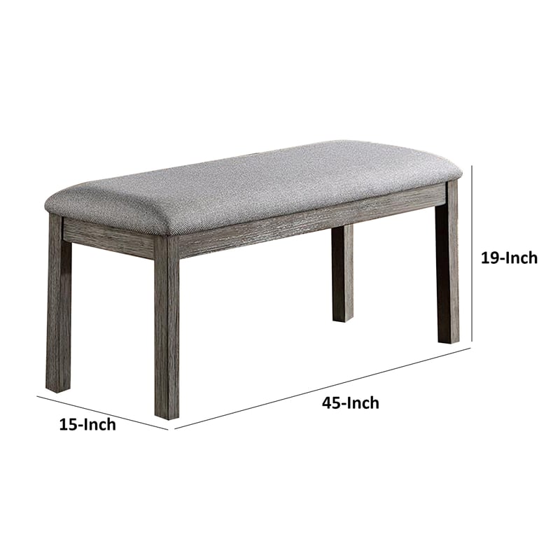 Lais 45 Inch Dining Bench- Wired Brushed Gray Wood- Gray Fabric Padded Seat