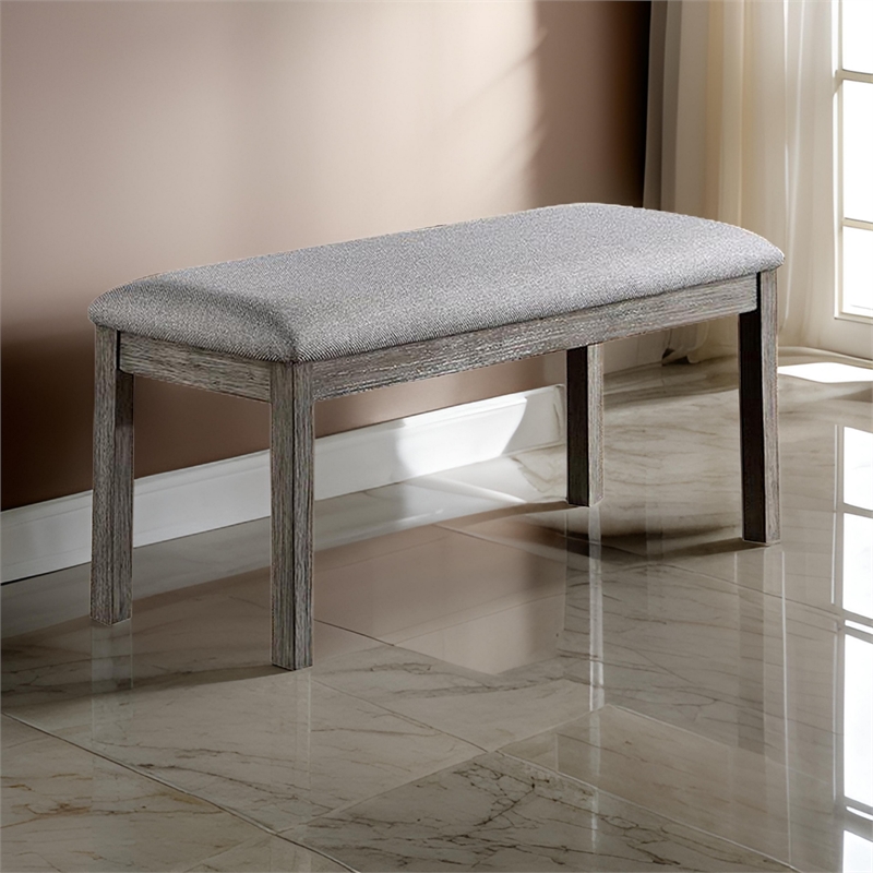 Lais 45 Inch Dining Bench- Wired Brushed Gray Wood- Gray Fabric Padded Seat