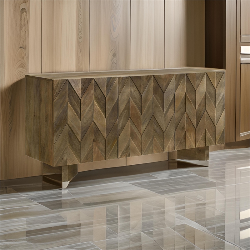 64 Inch Dining Sideboard Server- 2 Cabinets- Chevron Pattern- Mango Brown
