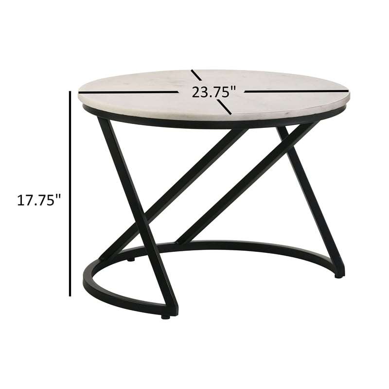 24 Inch Accent Coffee Table- White Marble Top- C Base- Black Metal Finish