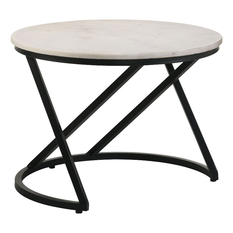 24 Inch Accent Coffee Table- White Marble Top- C Base- Black Metal Finish