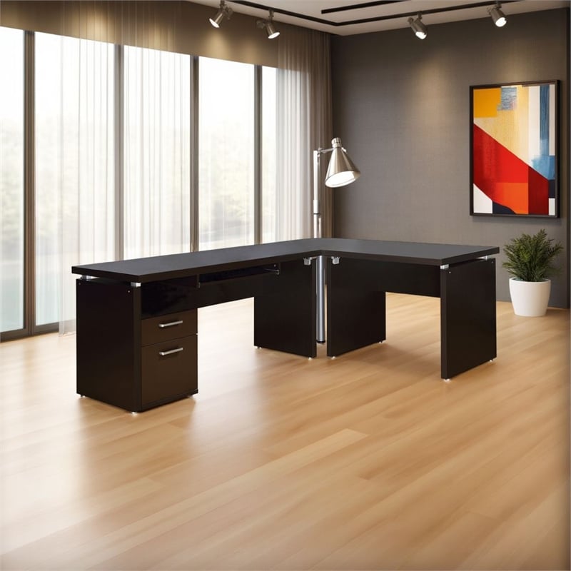 Niti 83 Inch Computer Office Desk- L Shape- Slide Out Keyboard Tray- Brown
