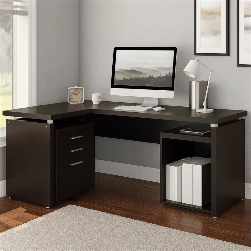 Niti 2 Piece Home Office L Desk with File Cabinet- Keyboard Tray Dark Brown