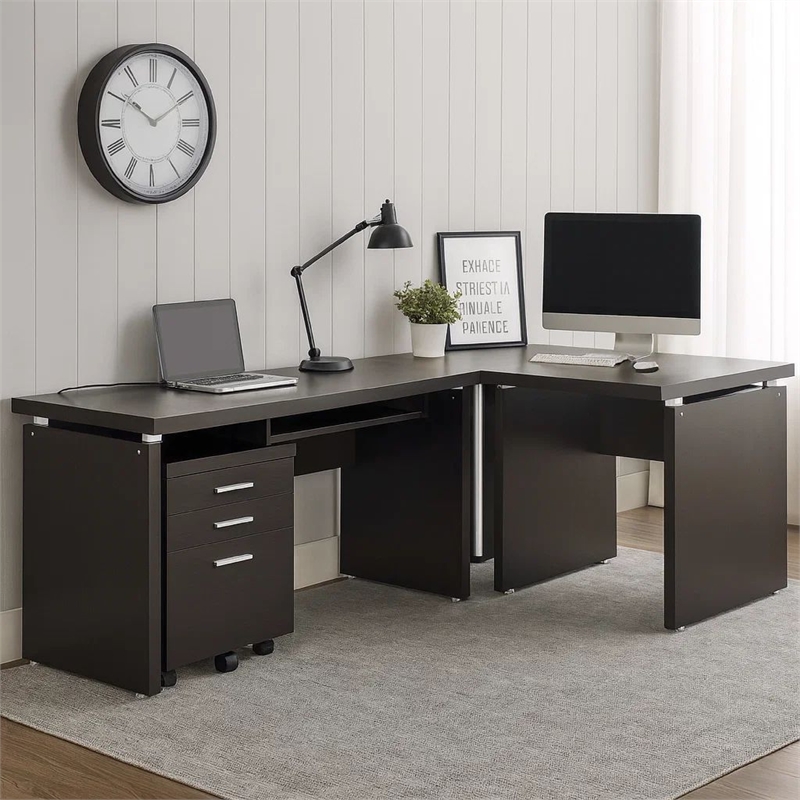 Niti 2 Piece Home Office L Desk with File Cabinet- Keyboard Tray Dark Brown