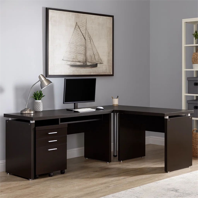 Niti 2 Piece Home Office L Desk with File Cabinet- Keyboard Tray Dark Brown