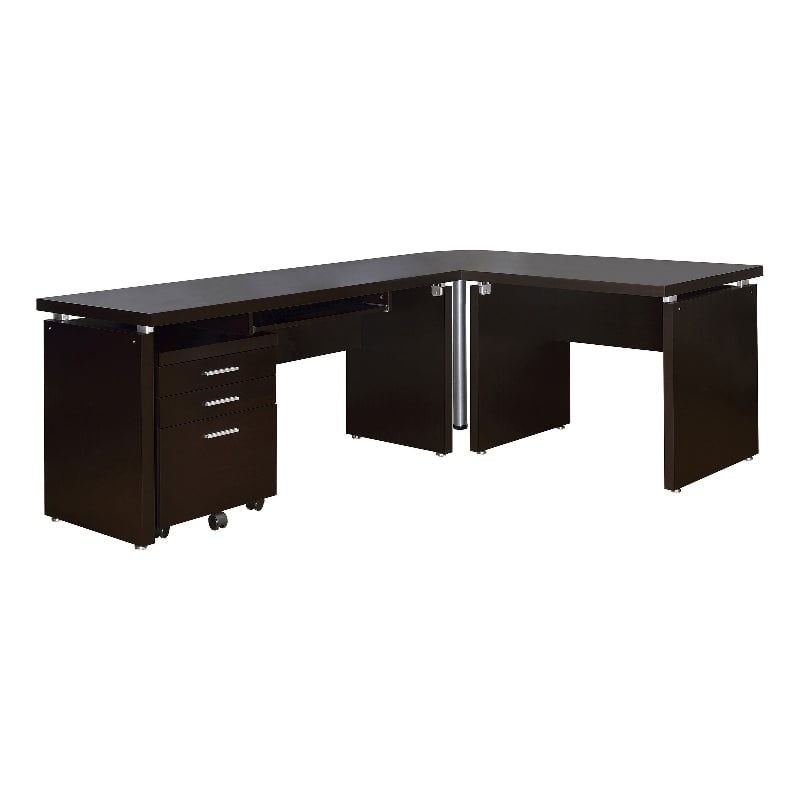Niti 2 Piece Home Office L Desk with File Cabinet- Keyboard Tray Dark Brown
