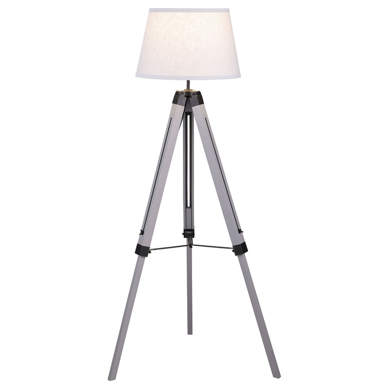 56 Inch Floor Lamp- White Tapered Drum Shade- Weathered Gray Tripod Base