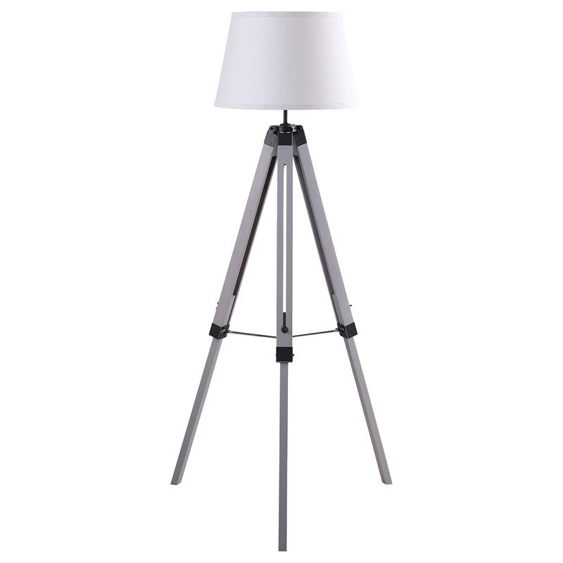 56 Inch Floor Lamp- White Tapered Drum Shade- Weathered Gray Tripod Base