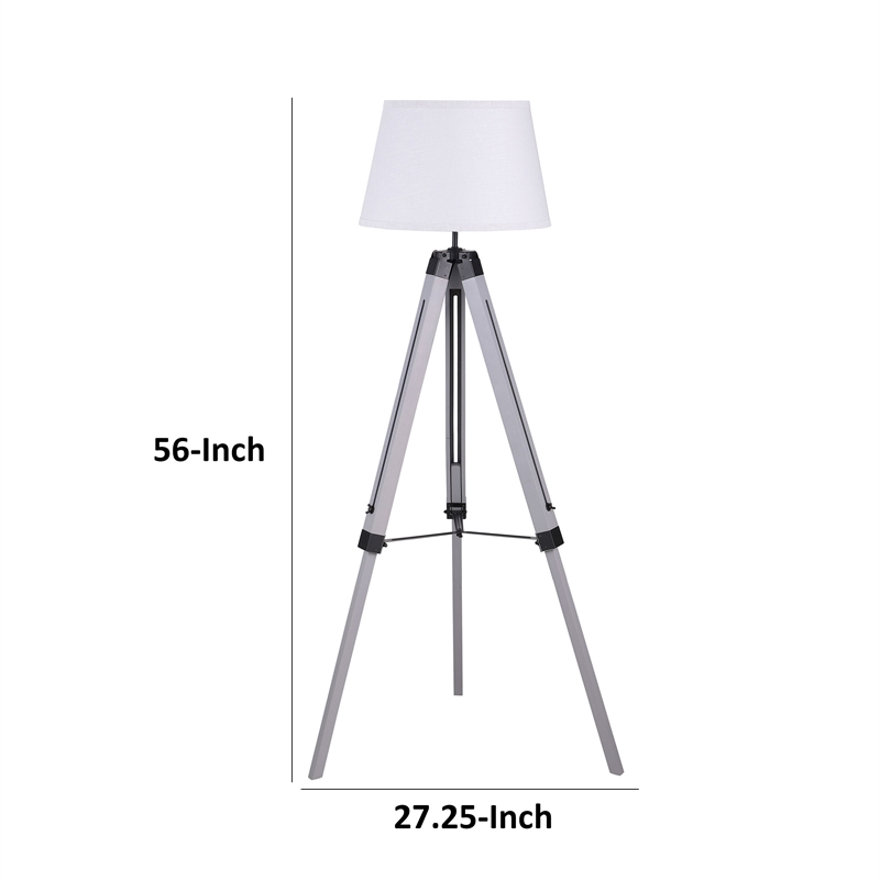 56 Inch Floor Lamp- White Tapered Drum Shade- Weathered Gray Tripod Base