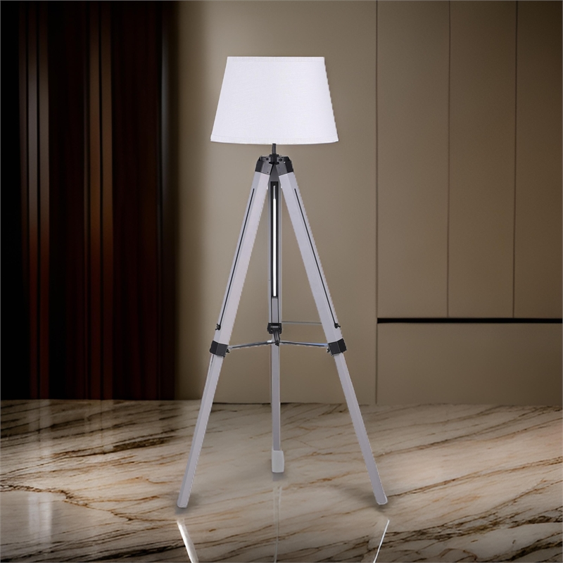56 Inch Floor Lamp- White Tapered Drum Shade- Weathered Gray Tripod Base